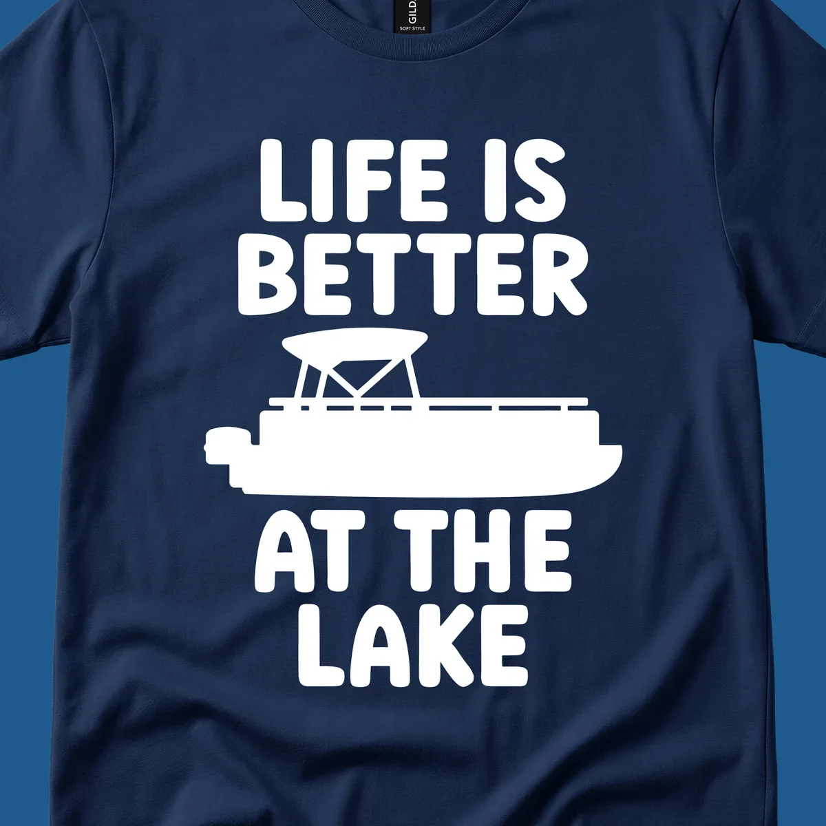 Life is better at the lake text with pontoon boat graphic