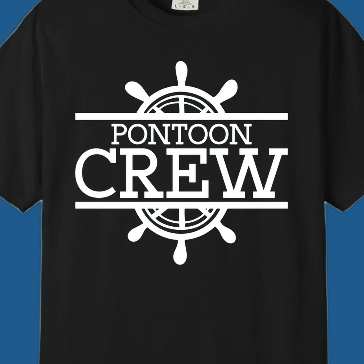 Pontoon crew nautical helm design with white text and graphics.
