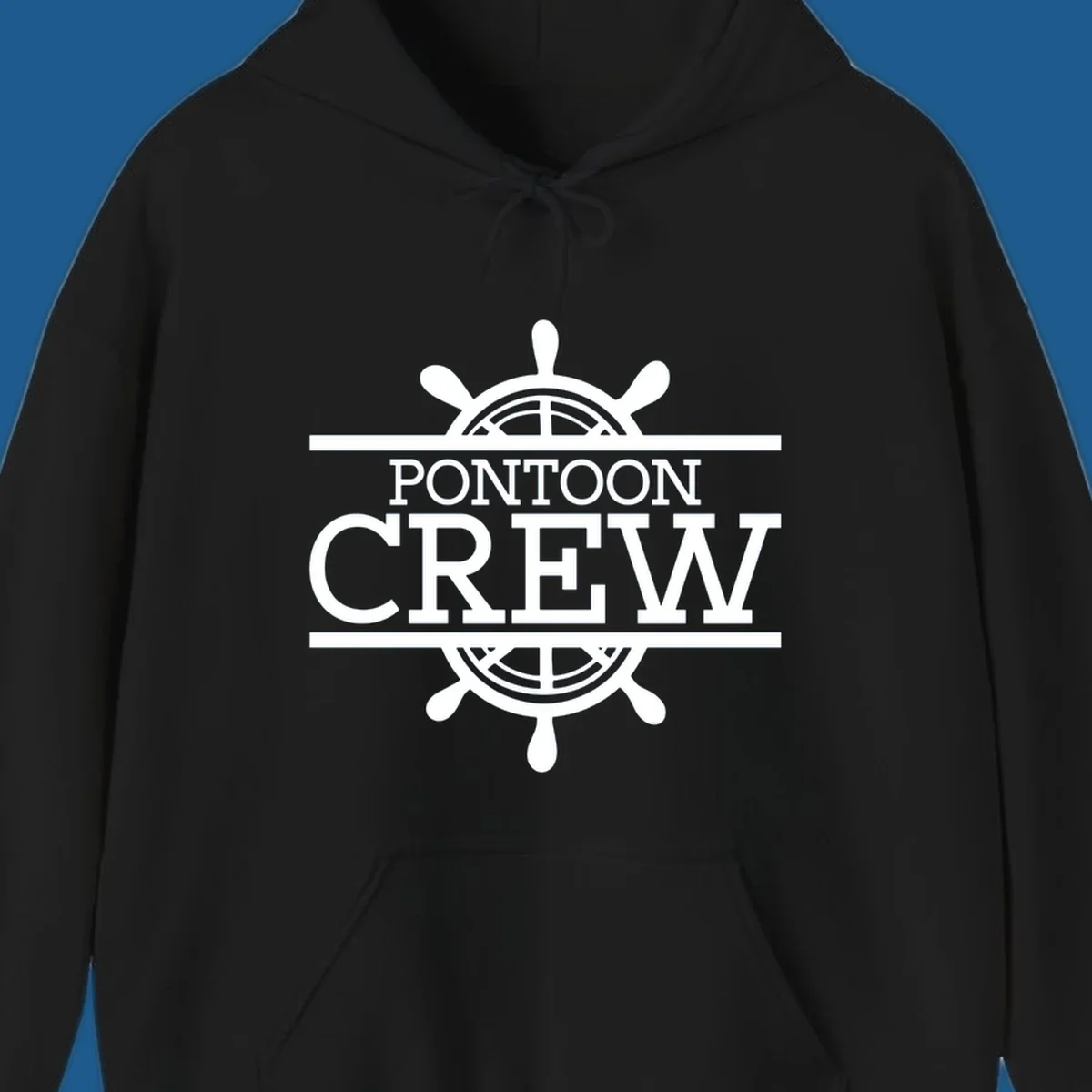 Pontoon crew nautical helm design with white text and graphics.