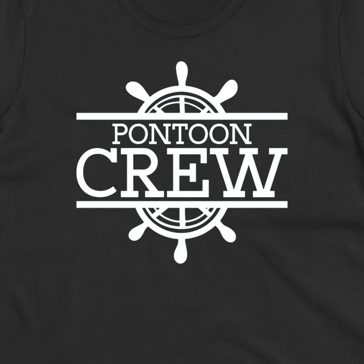 Pontoon crew nautical helm design with white text and graphics.
