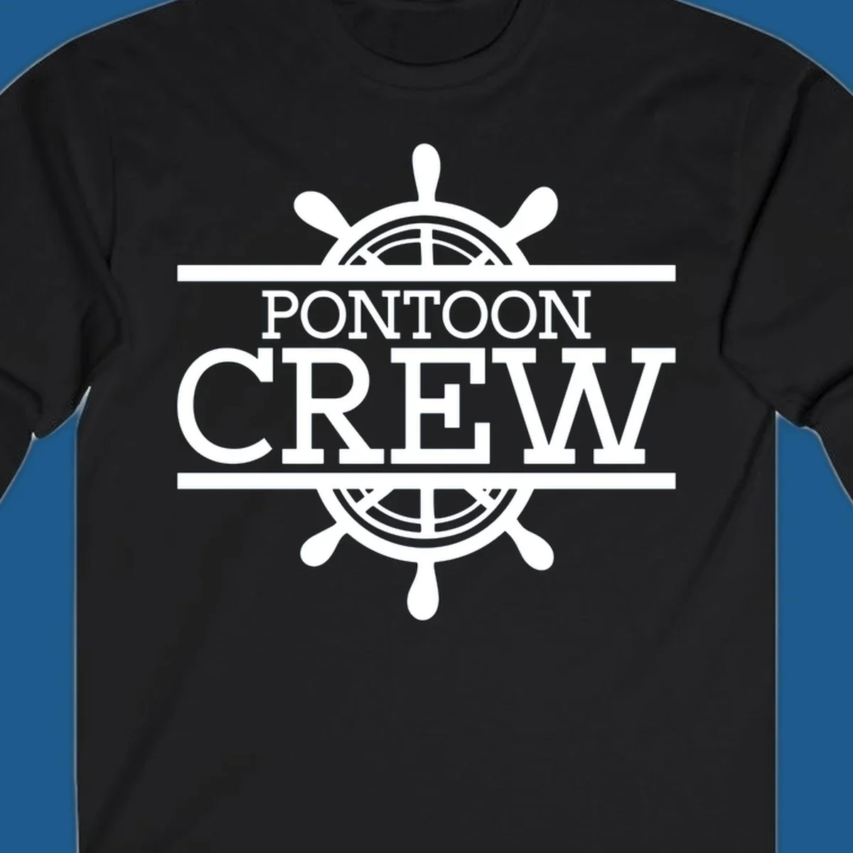 Pontoon crew nautical helm design with white text and graphics.