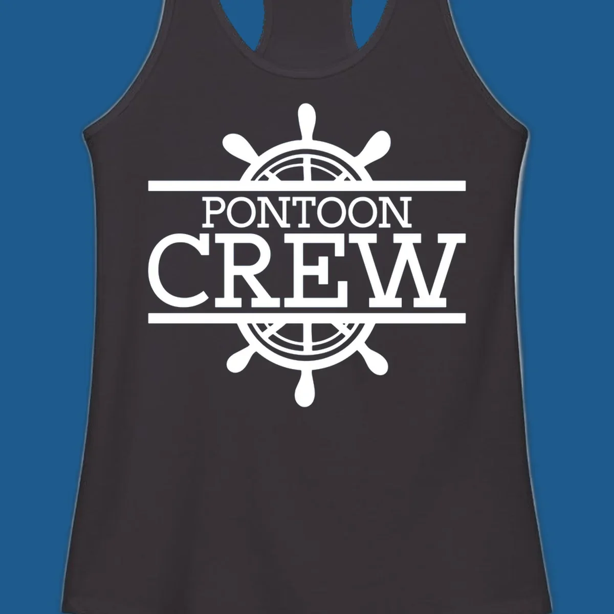 Pontoon crew nautical helm design with white text and graphics.