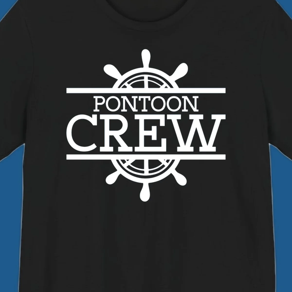 Pontoon crew nautical helm design with white text and graphics.