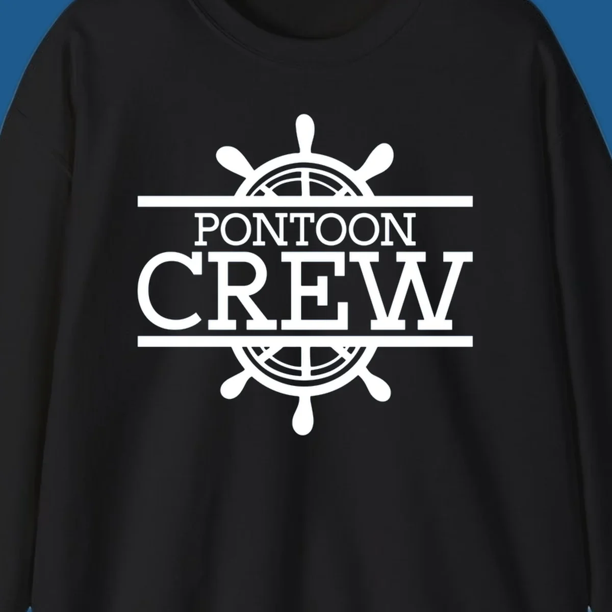 Pontoon crew nautical helm design with white text and graphics.