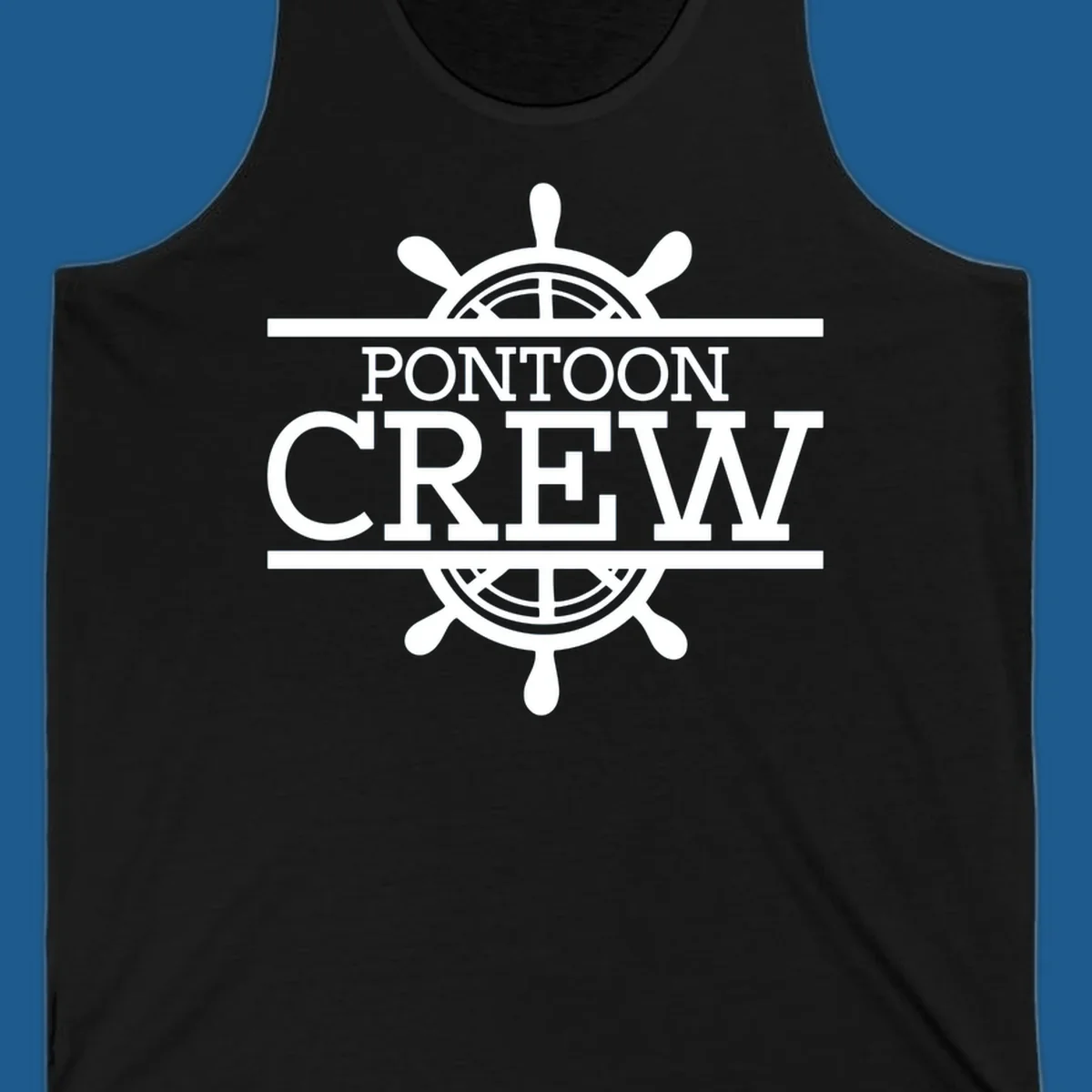 Pontoon crew nautical helm design with white text and graphics.