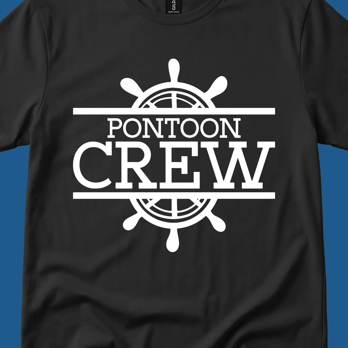 Pontoon crew nautical helm design with white text and graphics.