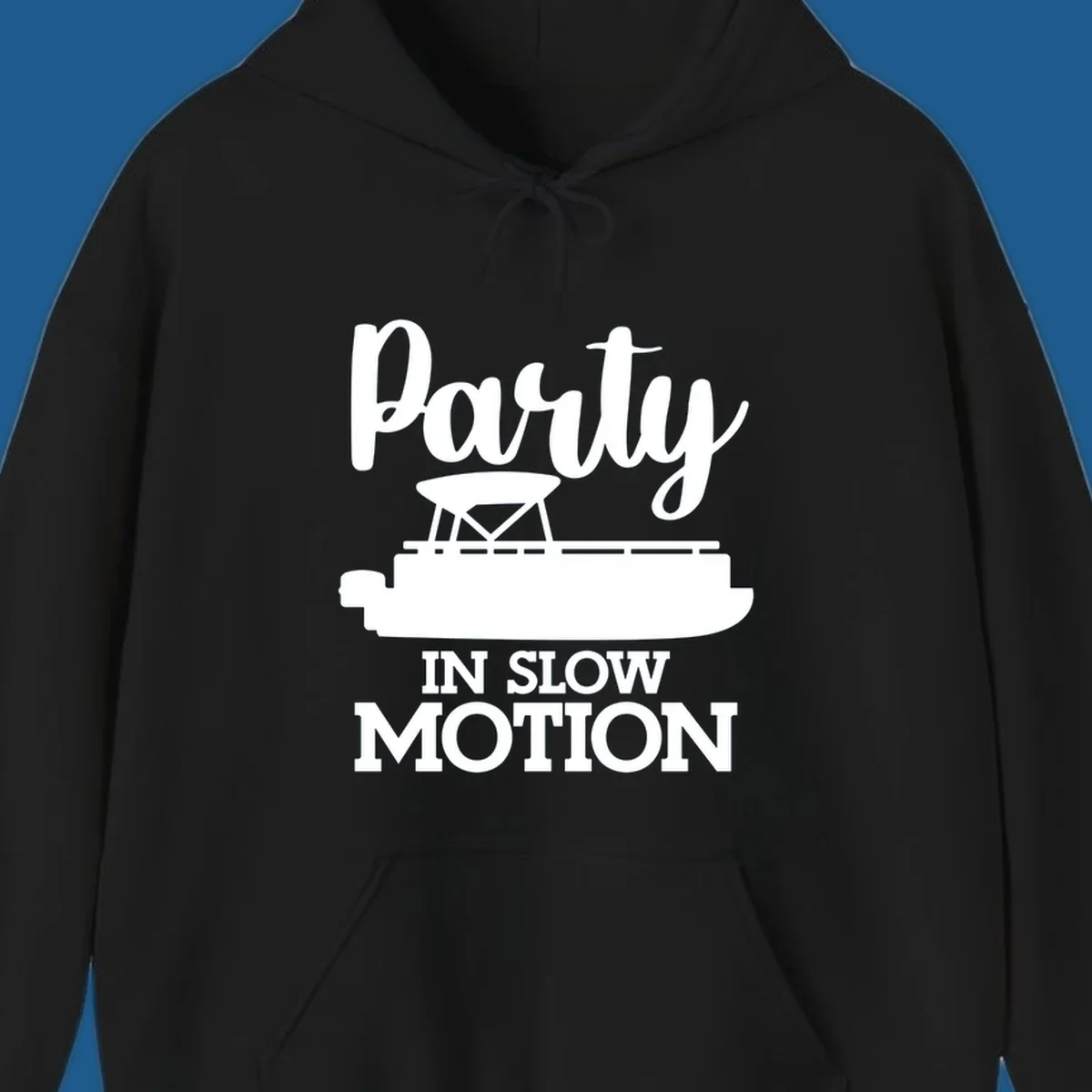Pontoon boat illustration with text "Party IN SLOW MOTION" for pontoon party motion.