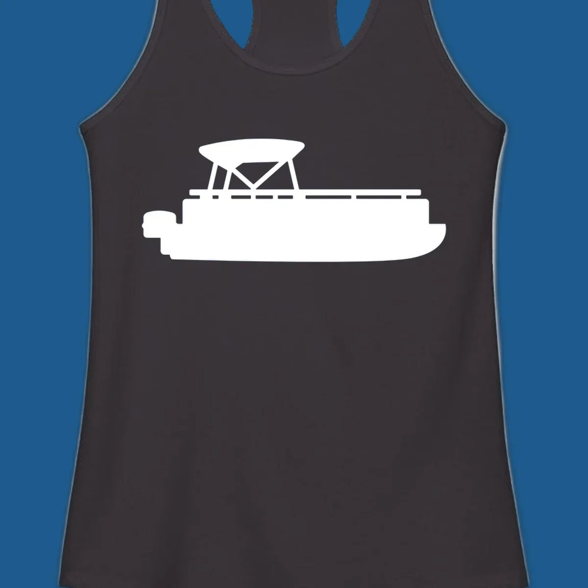 White silhouette of a pontoon boat with canopy on black background, pontoon boat lifestyle.