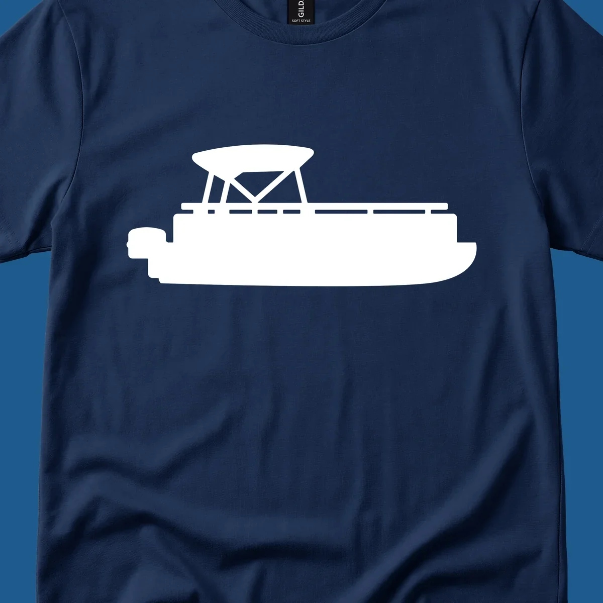 White silhouette of a pontoon boat with canopy on black background, pontoon boat lifestyle.