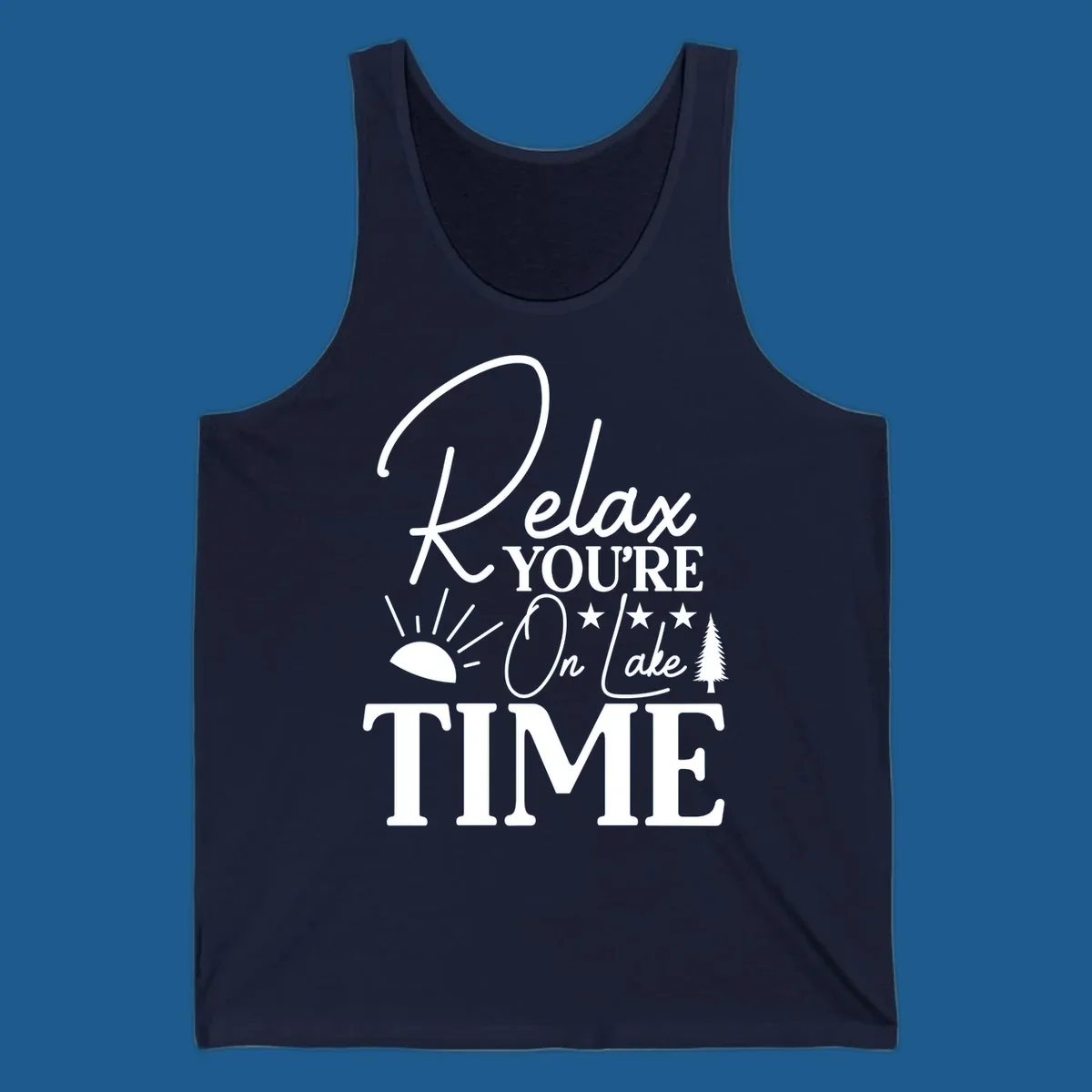 Relax You're On Lake Time text and graphics with sun rays and a pine tree.
