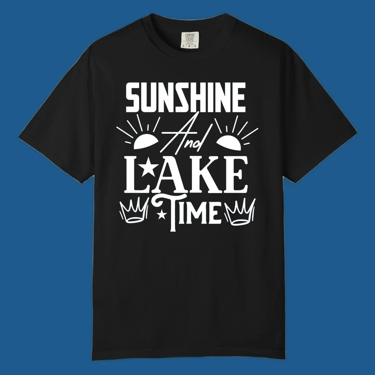 Sunshine and lake time text design with sun, star, and crown graphics.