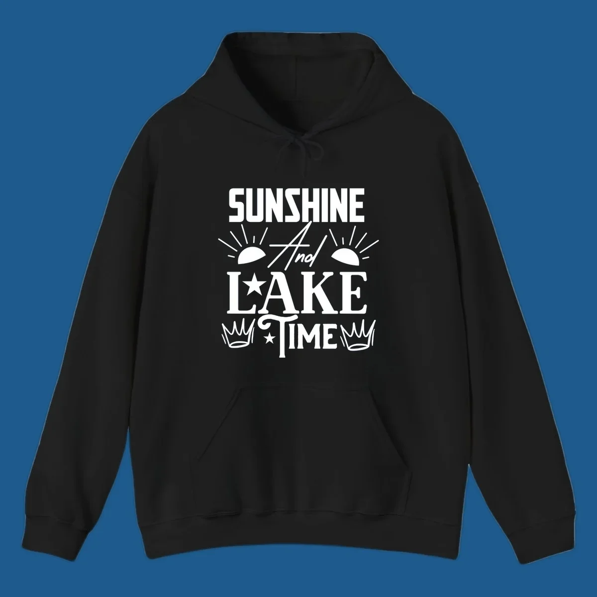 Sunshine and lake time text design with sun, star, and crown graphics.