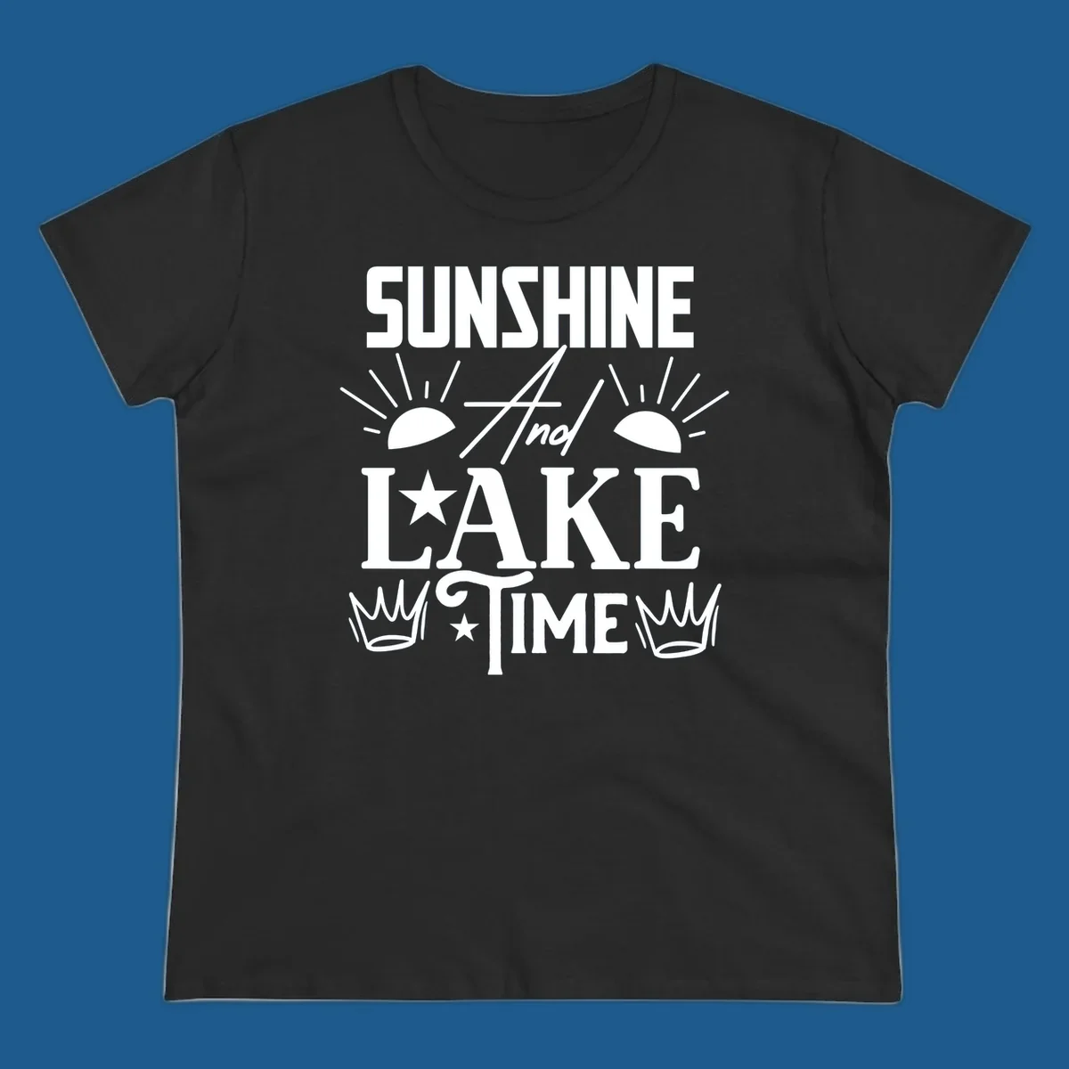 Sunshine and lake time text design with sun, star, and crown graphics.