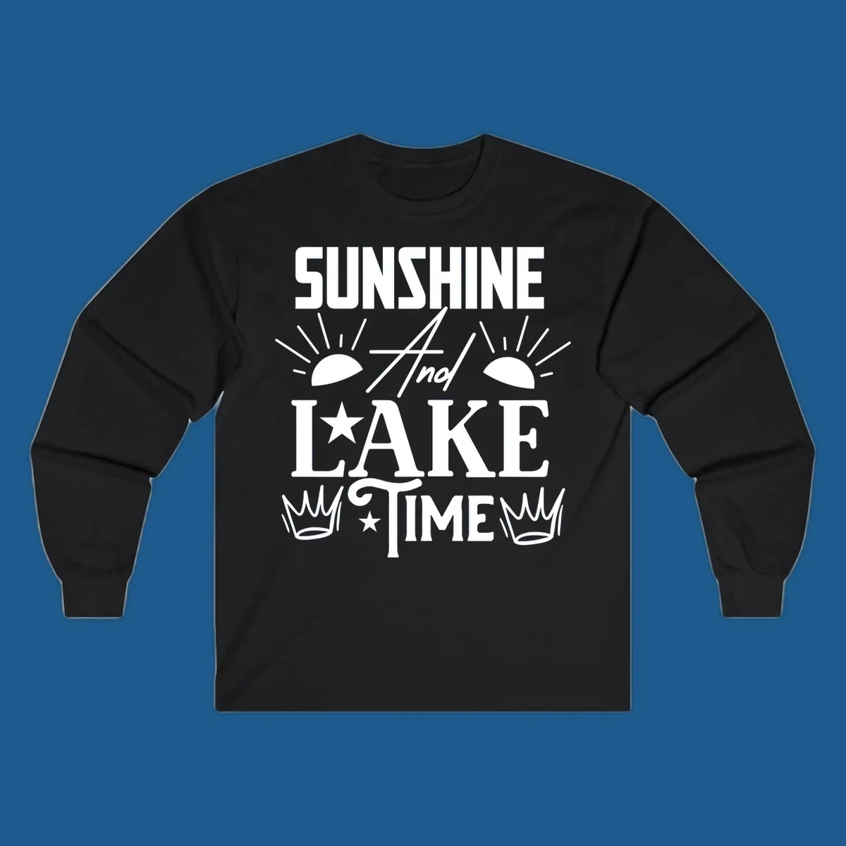 Sunshine and lake time text design with sun, star, and crown graphics.