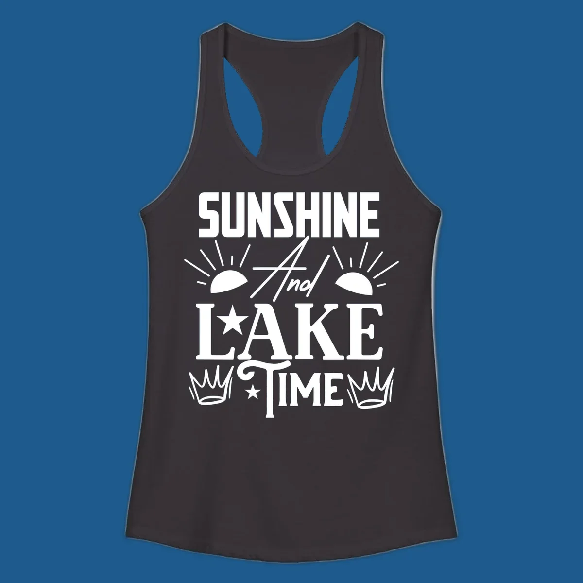 Sunshine and lake time text design with sun, star, and crown graphics.