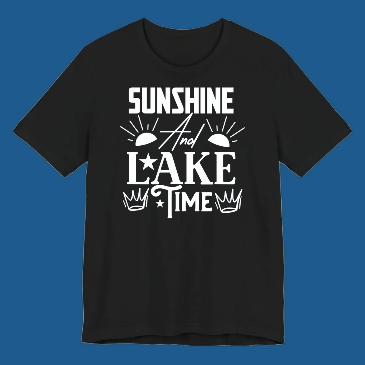 Sunshine and lake time text design with sun, star, and crown graphics.