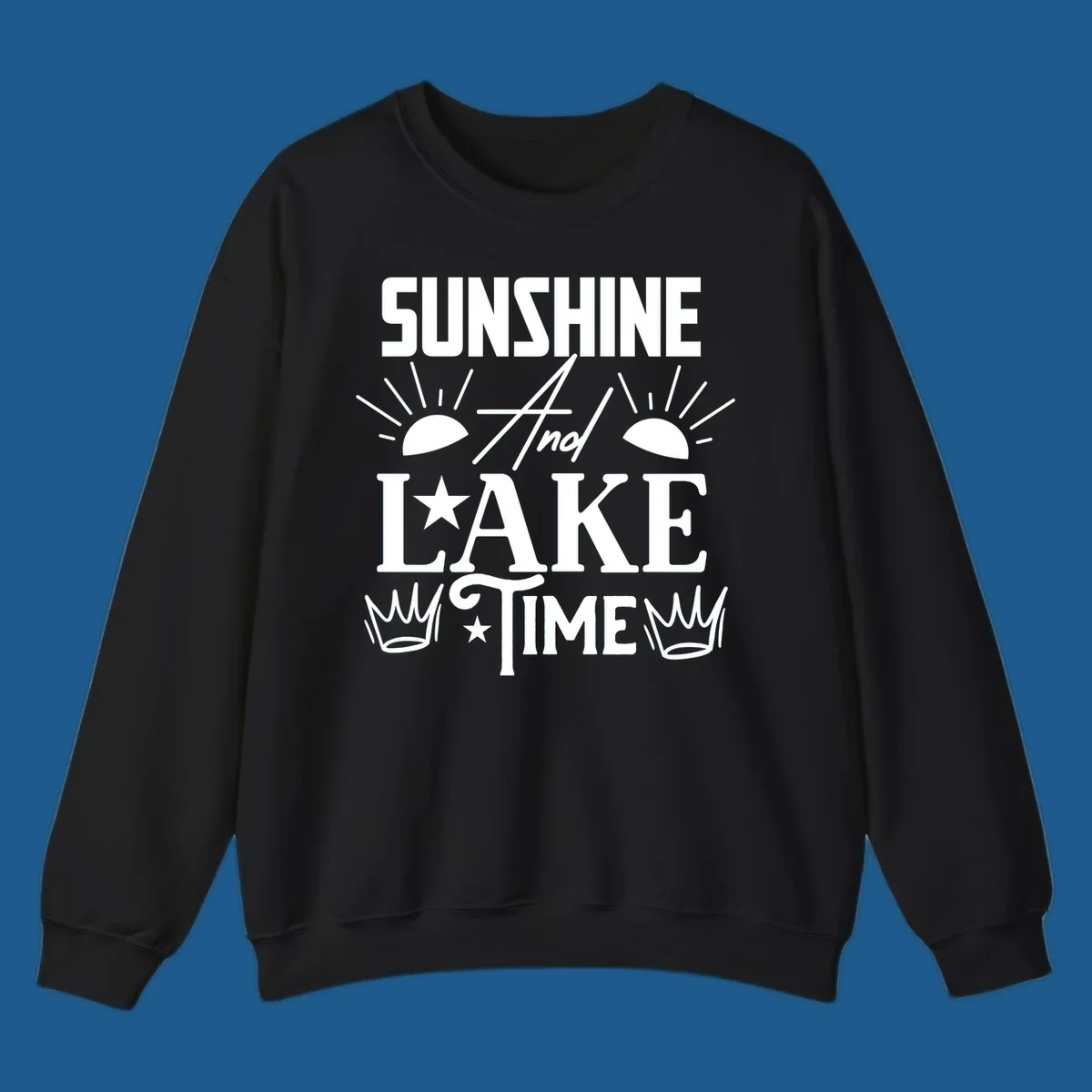 Sunshine and lake time text design with sun, star, and crown graphics.