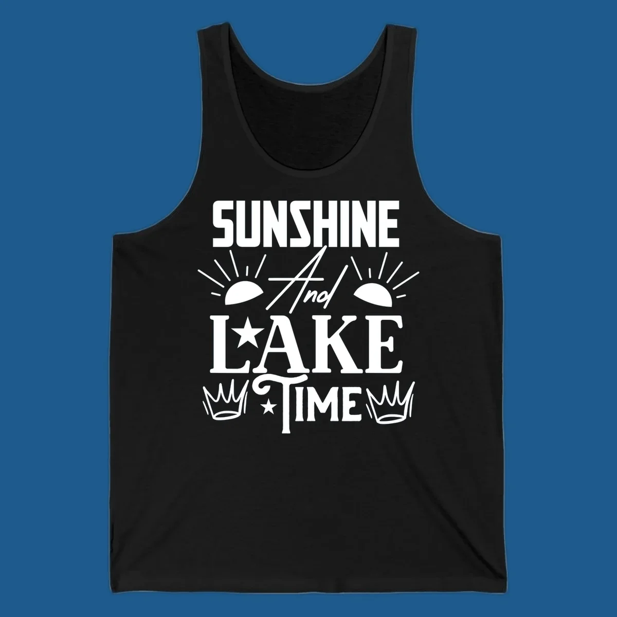 Sunshine and lake time text design with sun, star, and crown graphics.