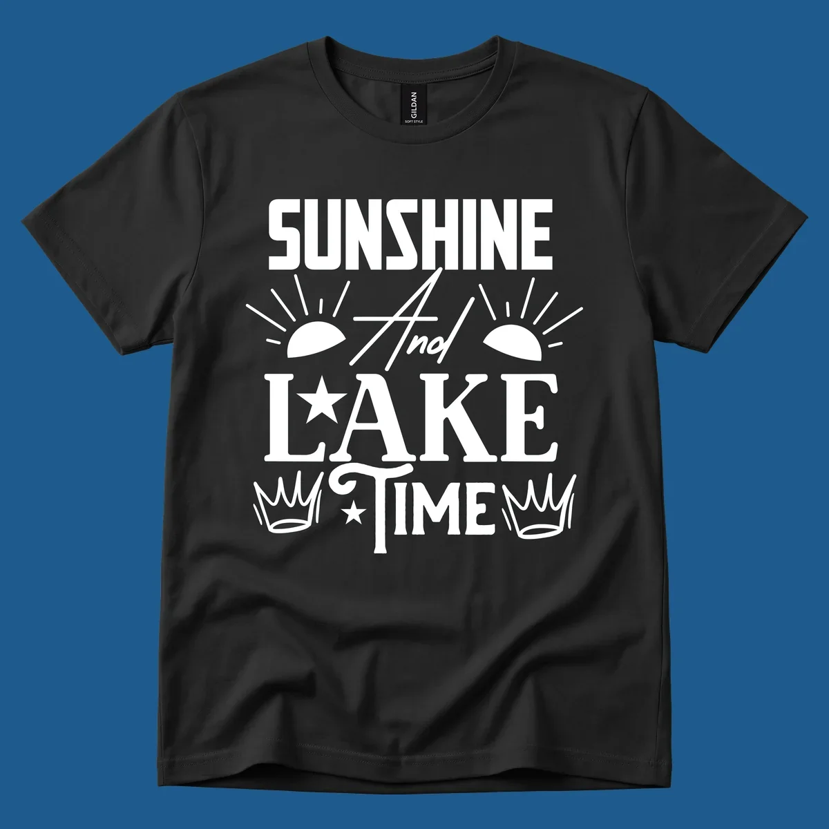Sunshine and lake time text design with sun, star, and crown graphics.