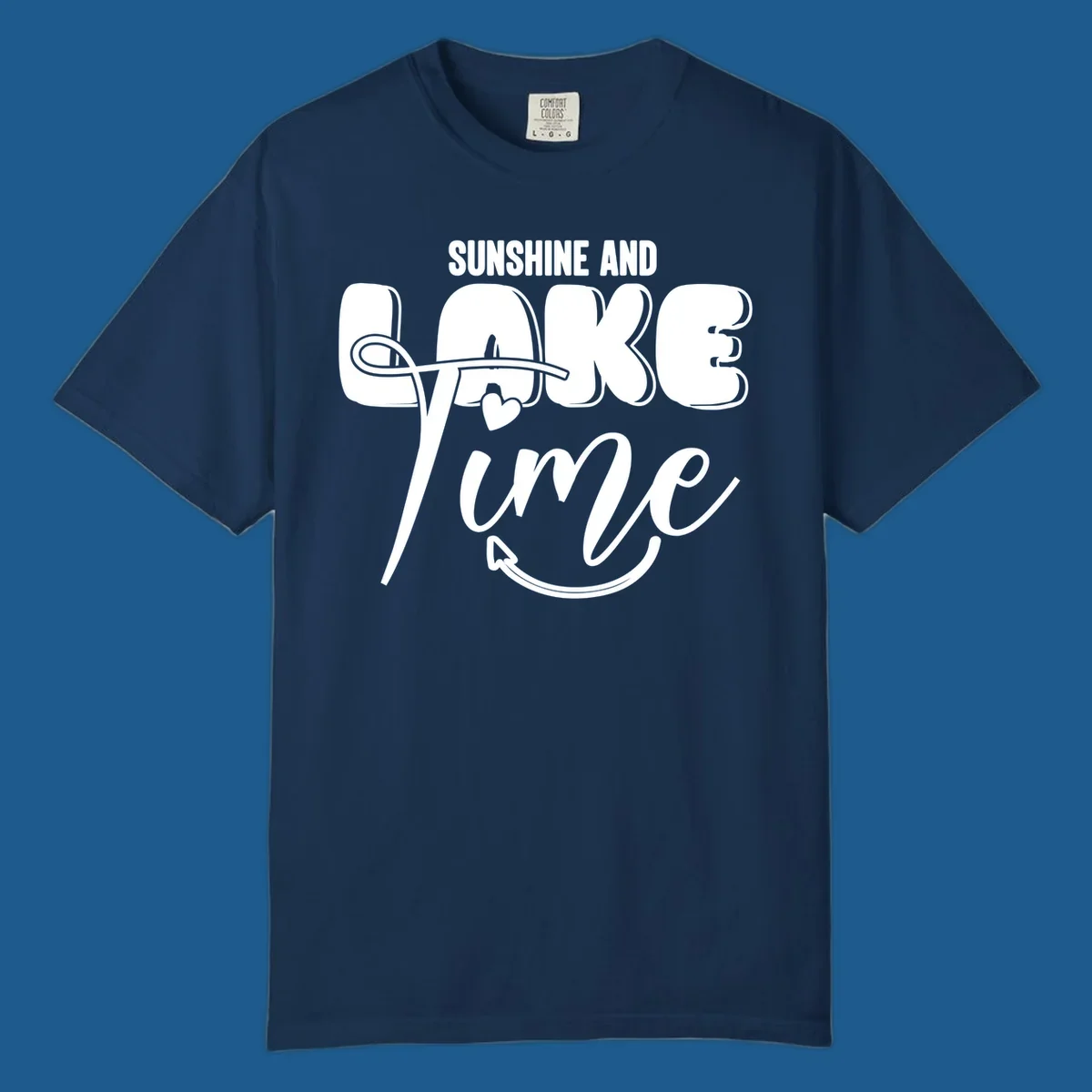 Sunshine and lake time typography design with a heart and arrow.
