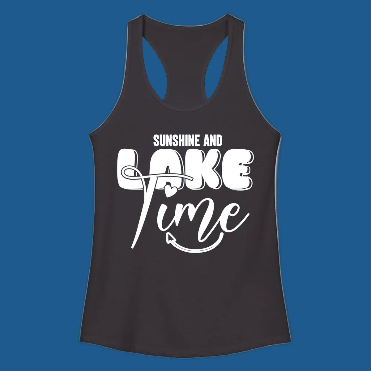 Sunshine and lake time typography design with a heart and arrow.
