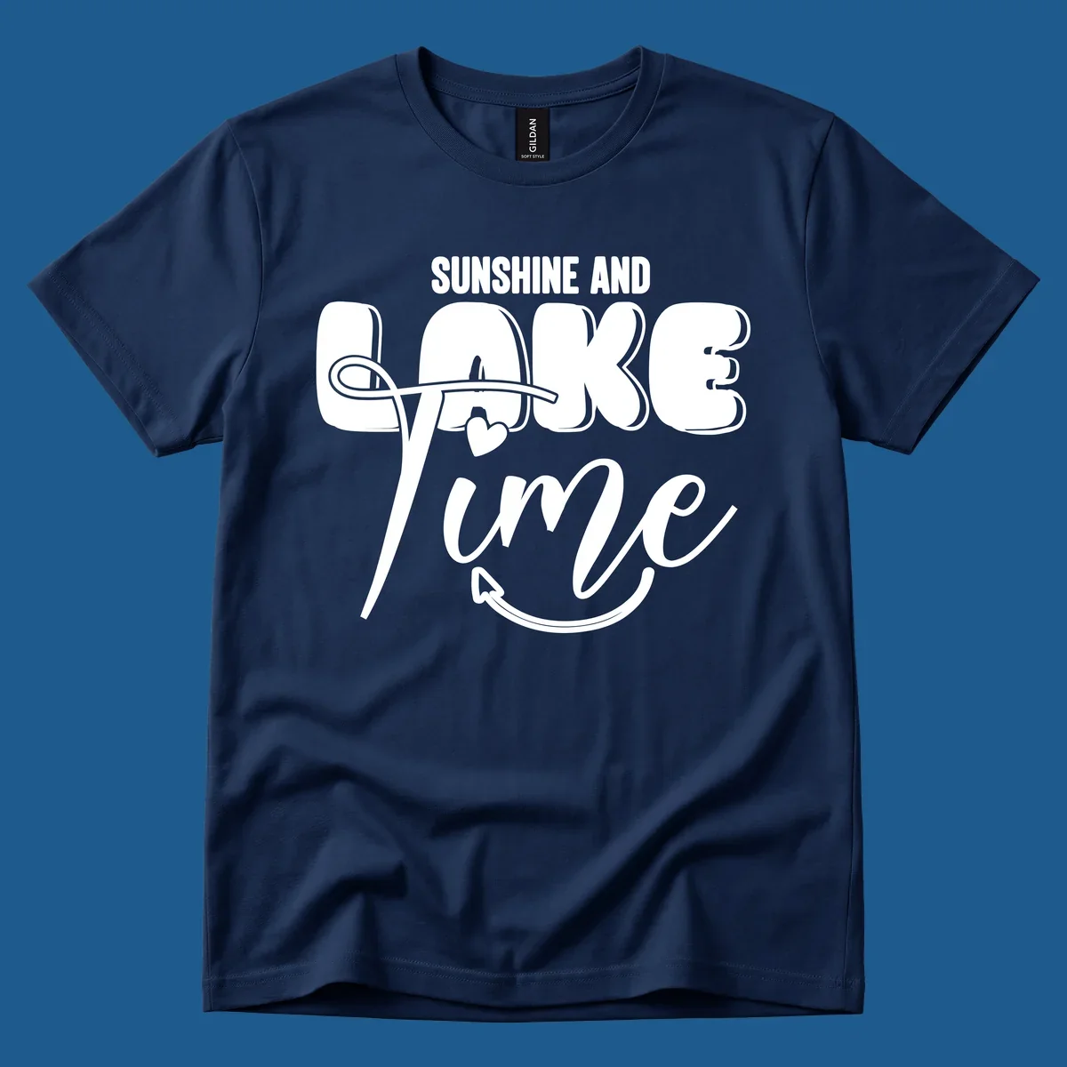 Sunshine and lake time typography design with a heart and arrow.