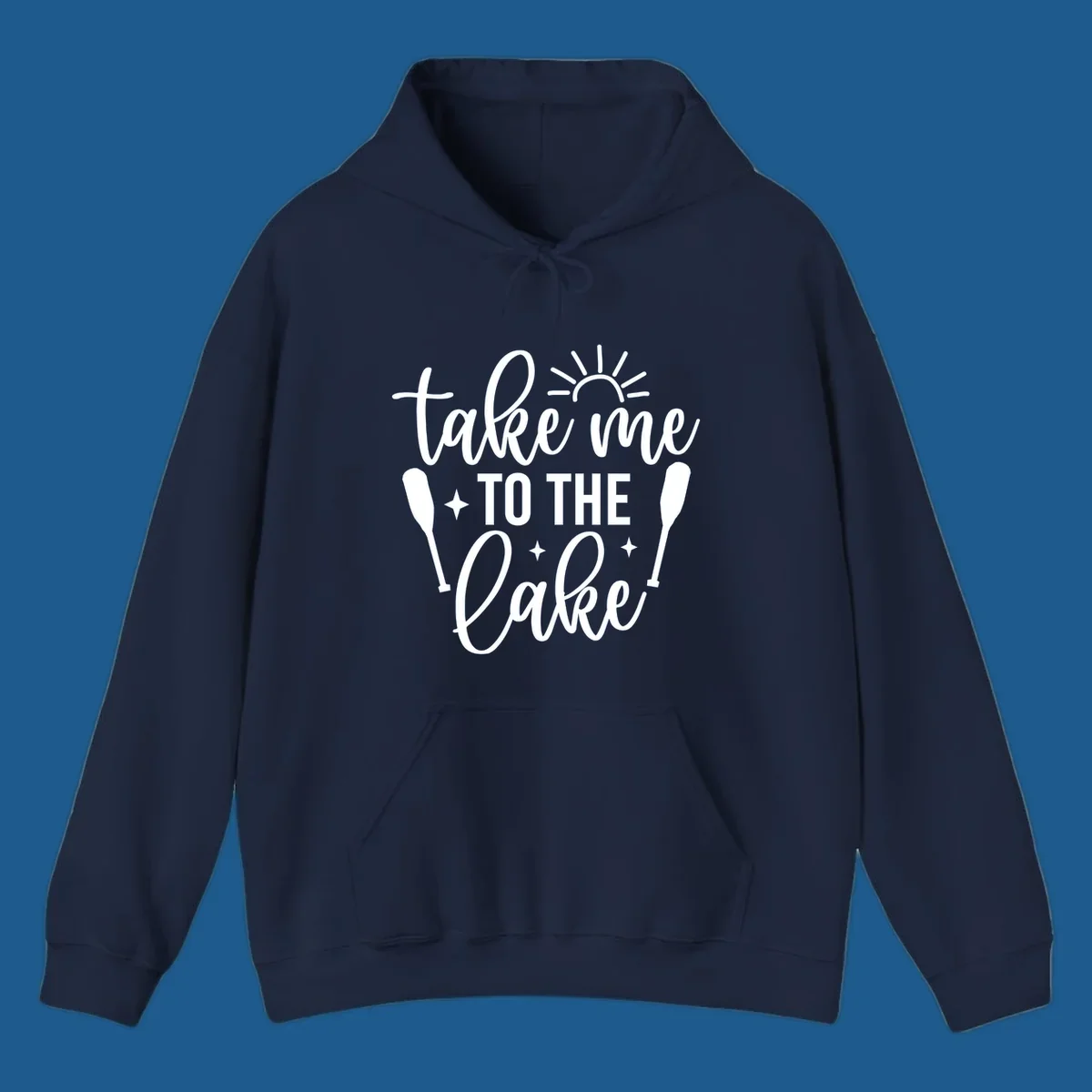 Typography design with 'take me TO THE Lake', sun, paddles, and stars for lake life vibes.