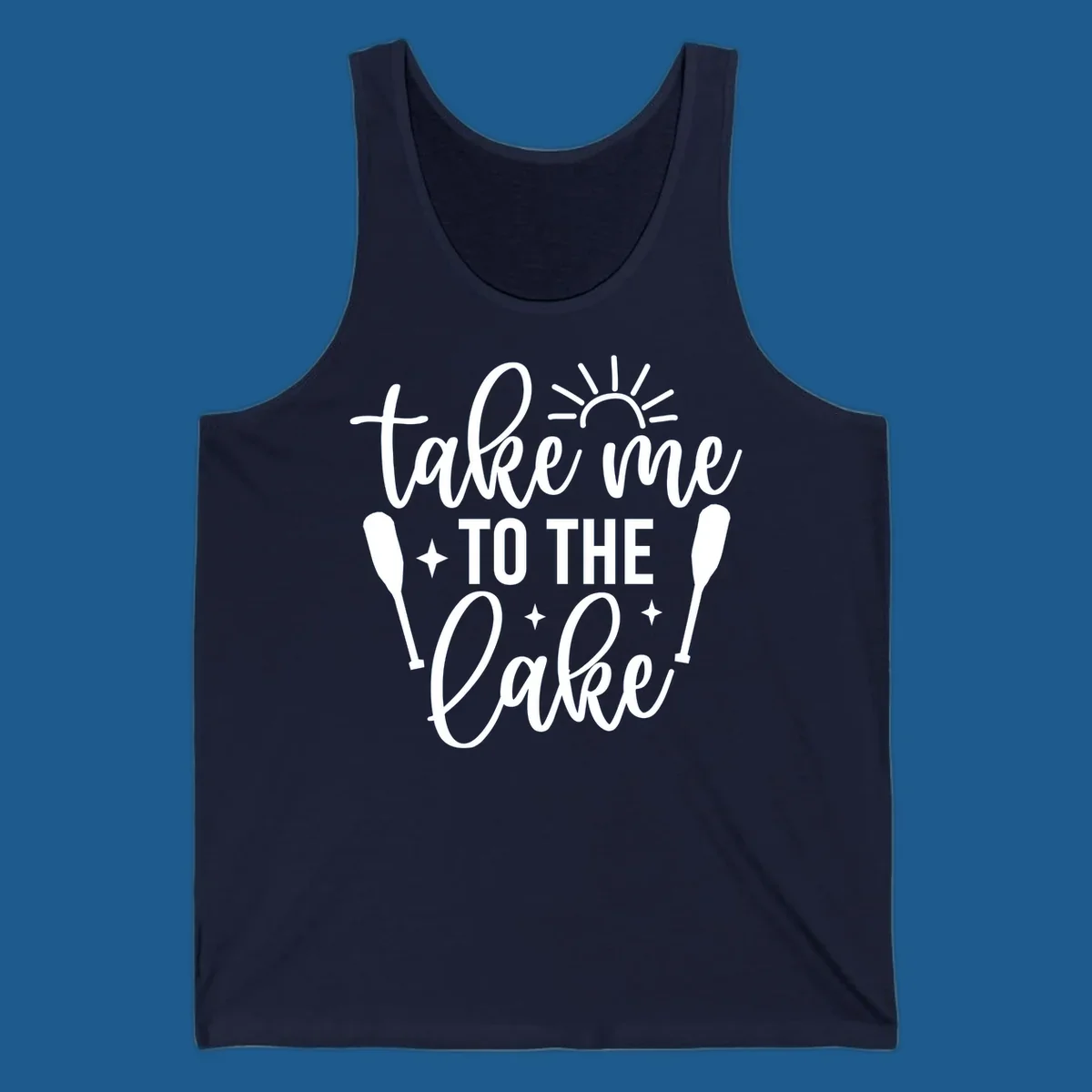 Typography design with 'take me TO THE Lake', sun, paddles, and stars for lake life vibes.