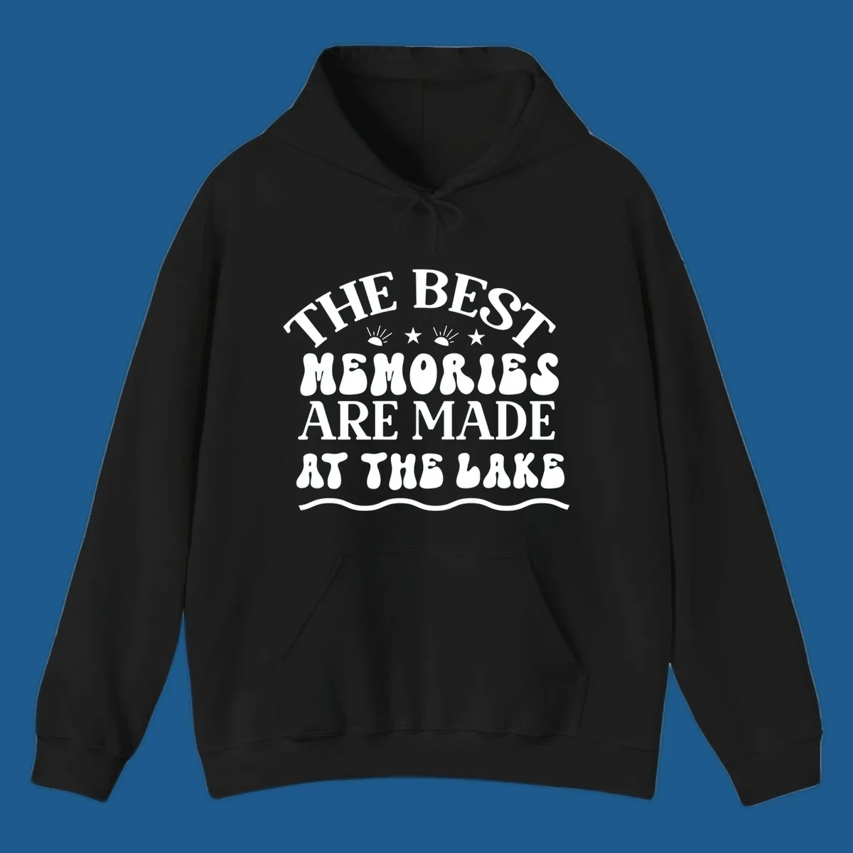Retro typography design 'The Best Memories Are Made At The Lake' with sun rays and stars.