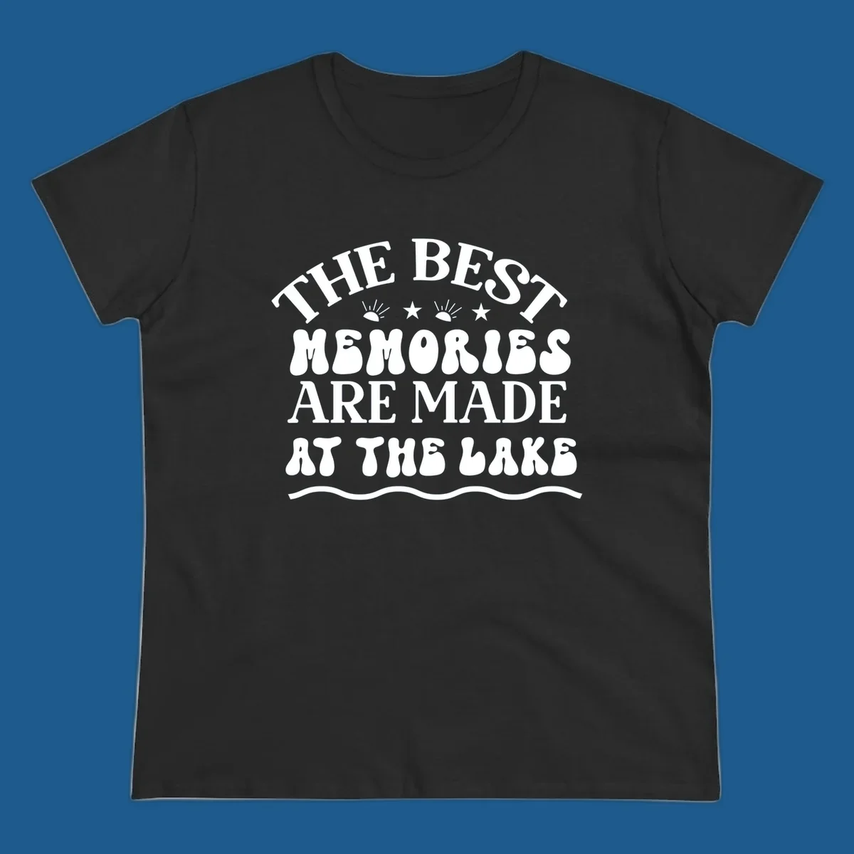 Retro typography design 'The Best Memories Are Made At The Lake' with sun rays and stars.