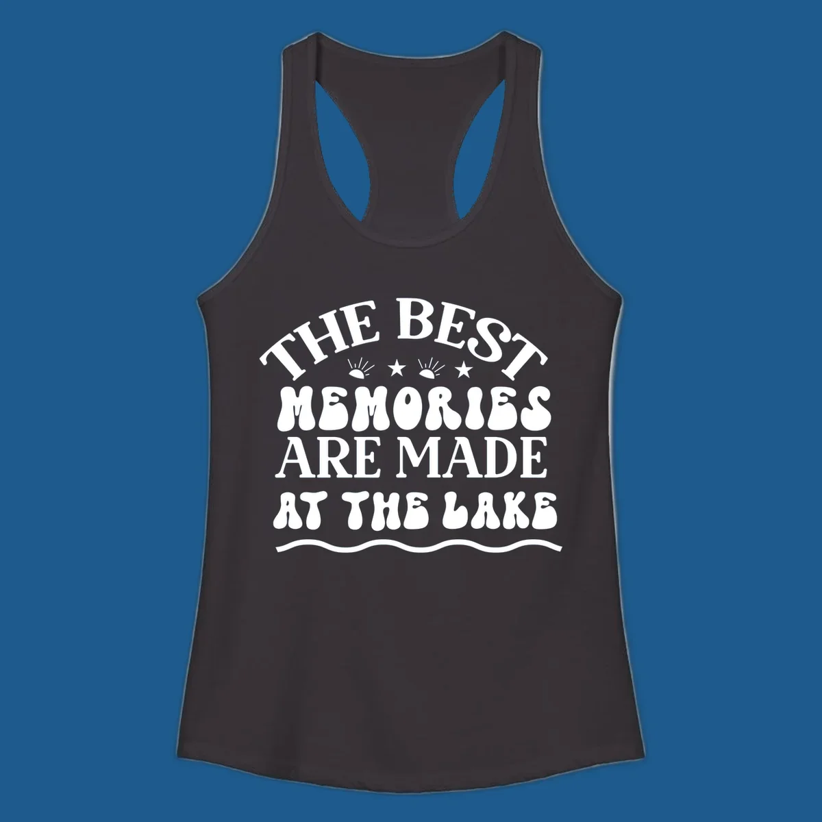 Retro typography design 'The Best Memories Are Made At The Lake' with sun rays and stars.