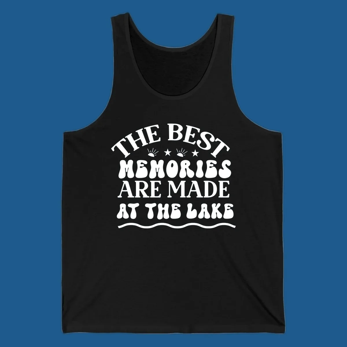Retro typography design 'The Best Memories Are Made At The Lake' with sun rays and stars.