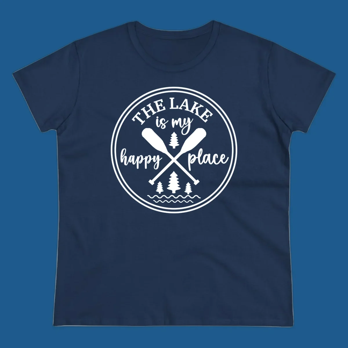 Circular graphic with text 'The Lake is my happy place', crossed oars, and pine trees - lake-happy-place.