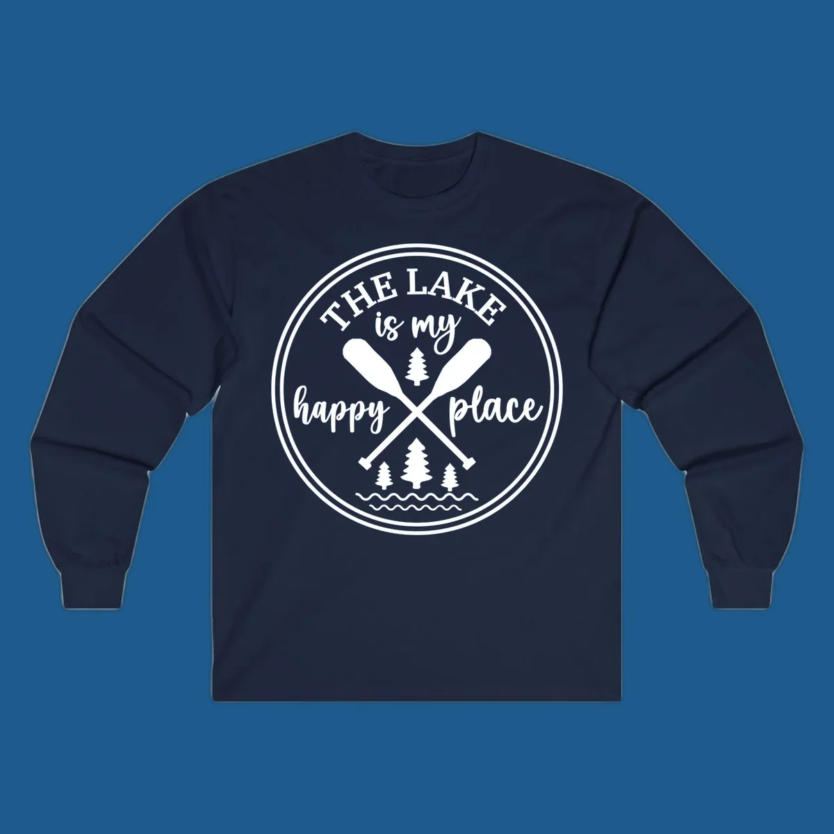 Circular graphic with text 'The Lake is my happy place', crossed oars, and pine trees - lake-happy-place.
