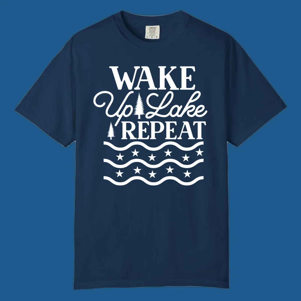 Wake Up Lake Repeat text with trees, waves, and stars graphic.