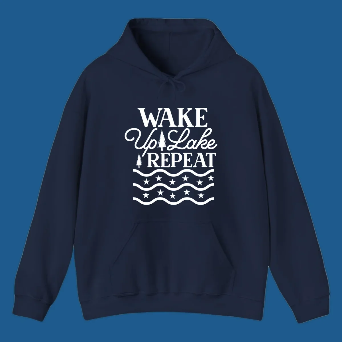 Wake Up Lake Repeat text with trees, waves, and stars graphic.