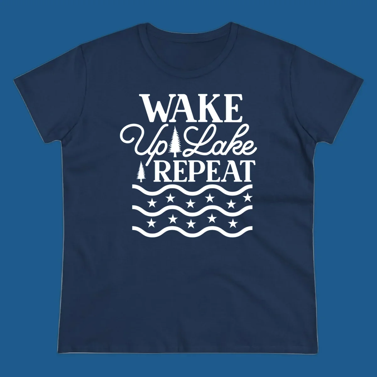 Wake Up Lake Repeat text with trees, waves, and stars graphic.