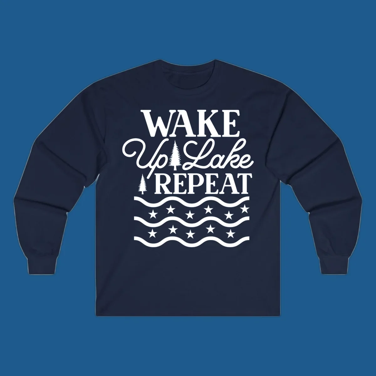 Wake Up Lake Repeat text with trees, waves, and stars graphic.