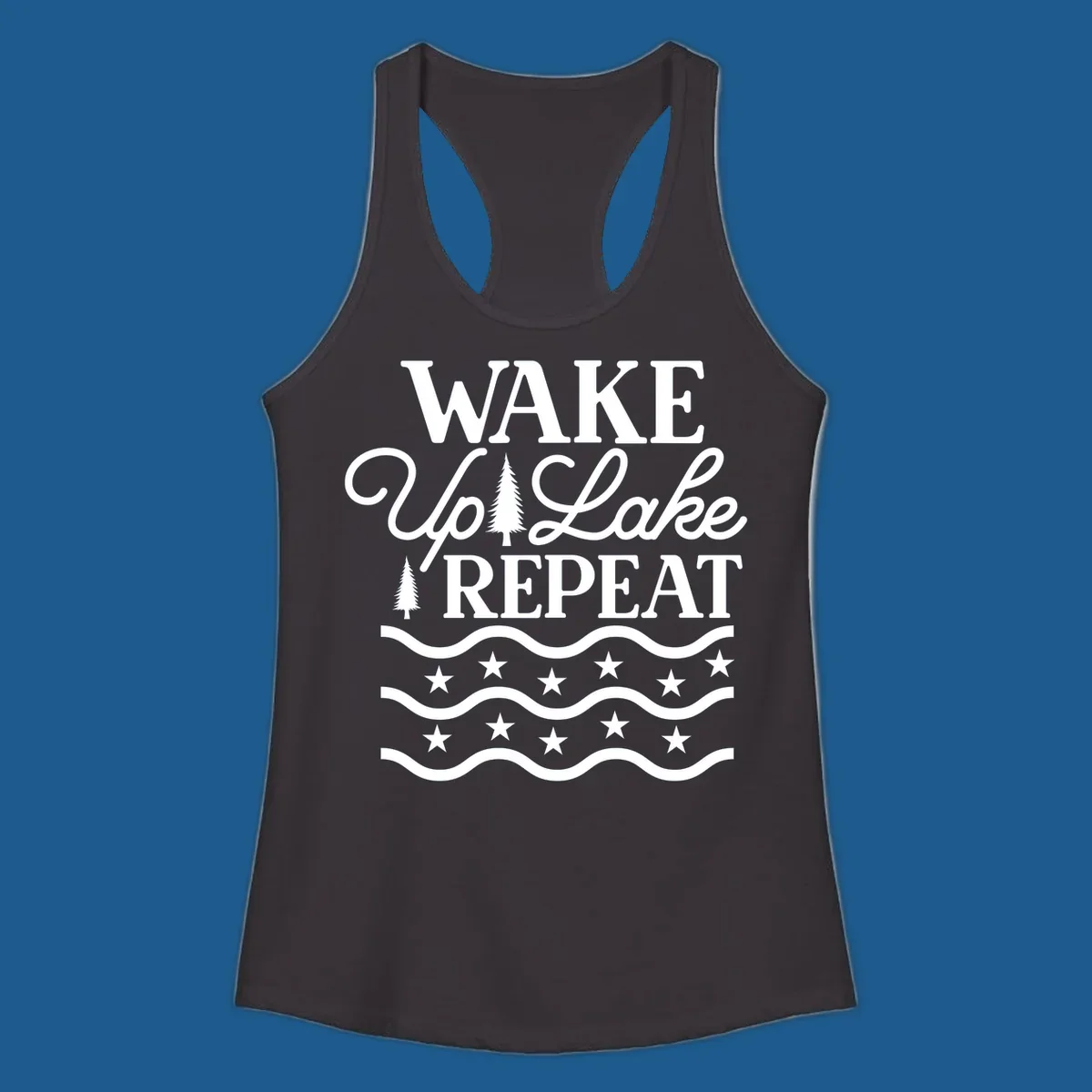 Wake Up Lake Repeat text with trees, waves, and stars graphic.