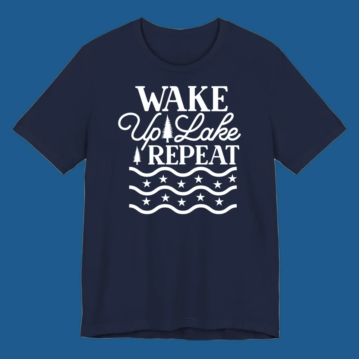 Wake Up Lake Repeat text with trees, waves, and stars graphic.