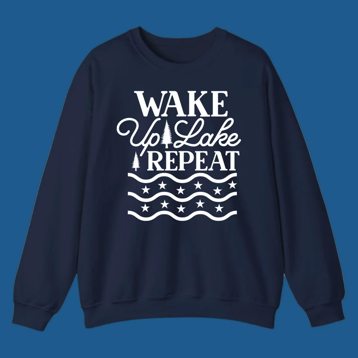 Wake Up Lake Repeat text with trees, waves, and stars graphic.