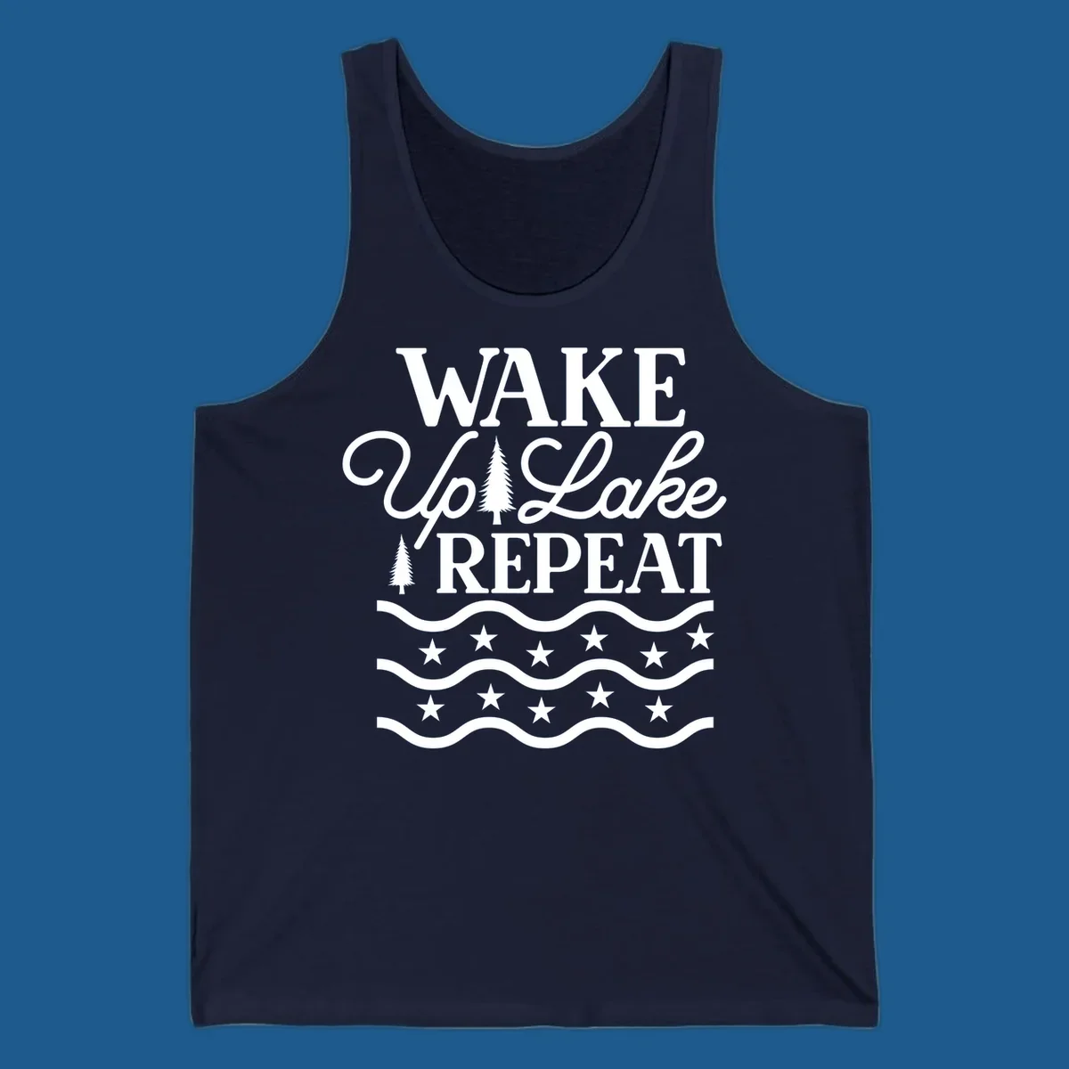 Wake Up Lake Repeat text with trees, waves, and stars graphic.