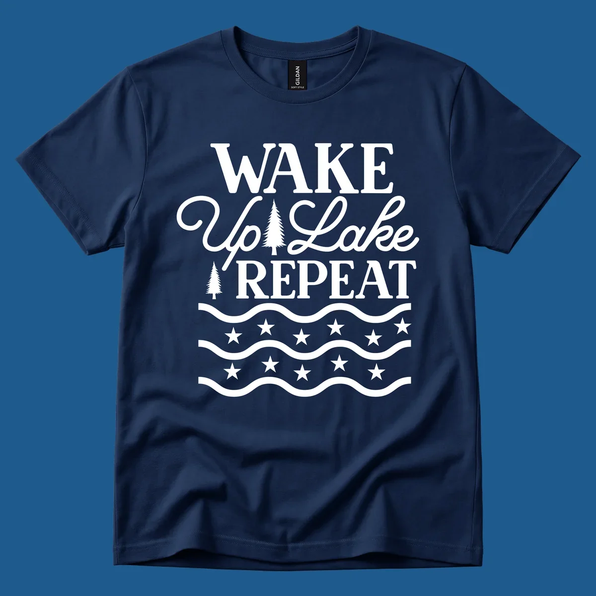 Wake Up Lake Repeat text with trees, waves, and stars graphic.