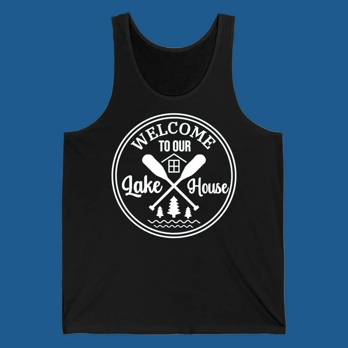 Circular badge design with text 'WELCOME TO OUR Lake House', crossed oars, house, trees, and waves.