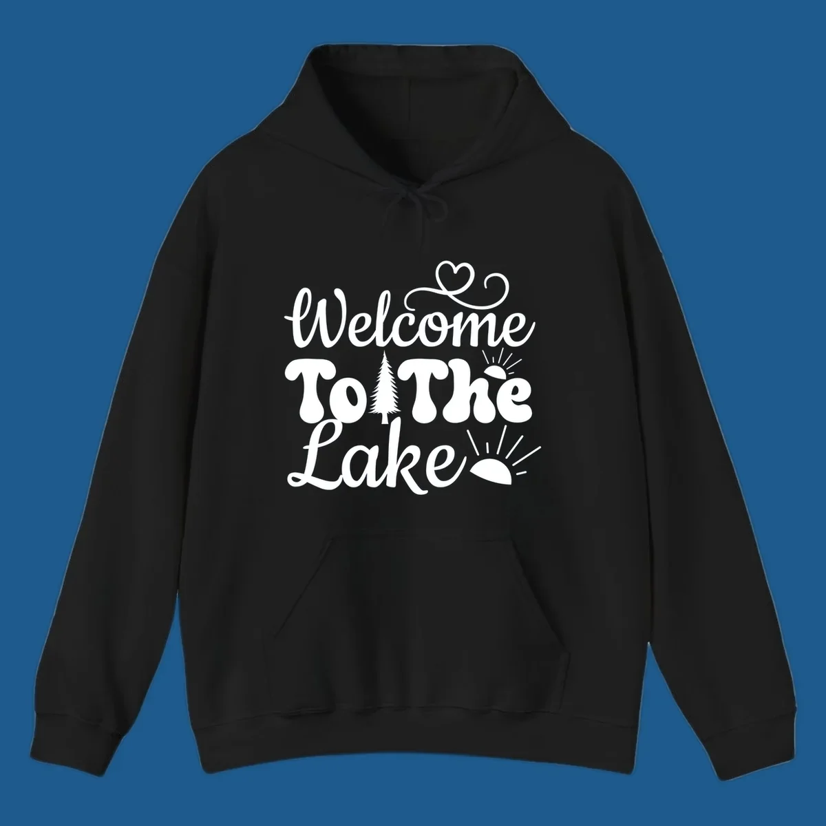 Welcome to the lake typography design with tree and sun graphics.