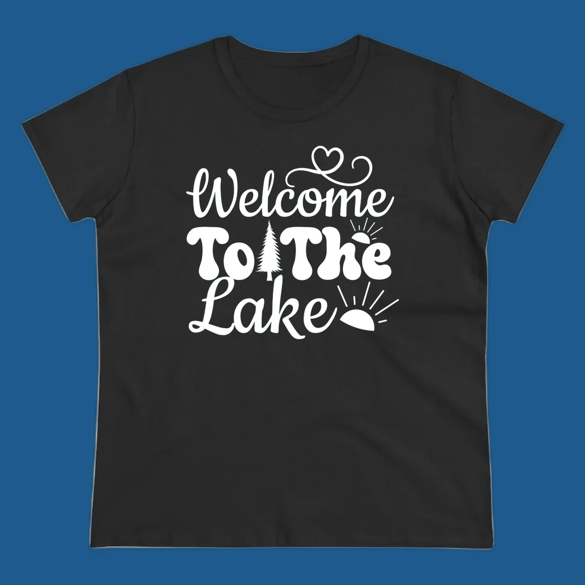 Welcome to the lake typography design with tree and sun graphics.