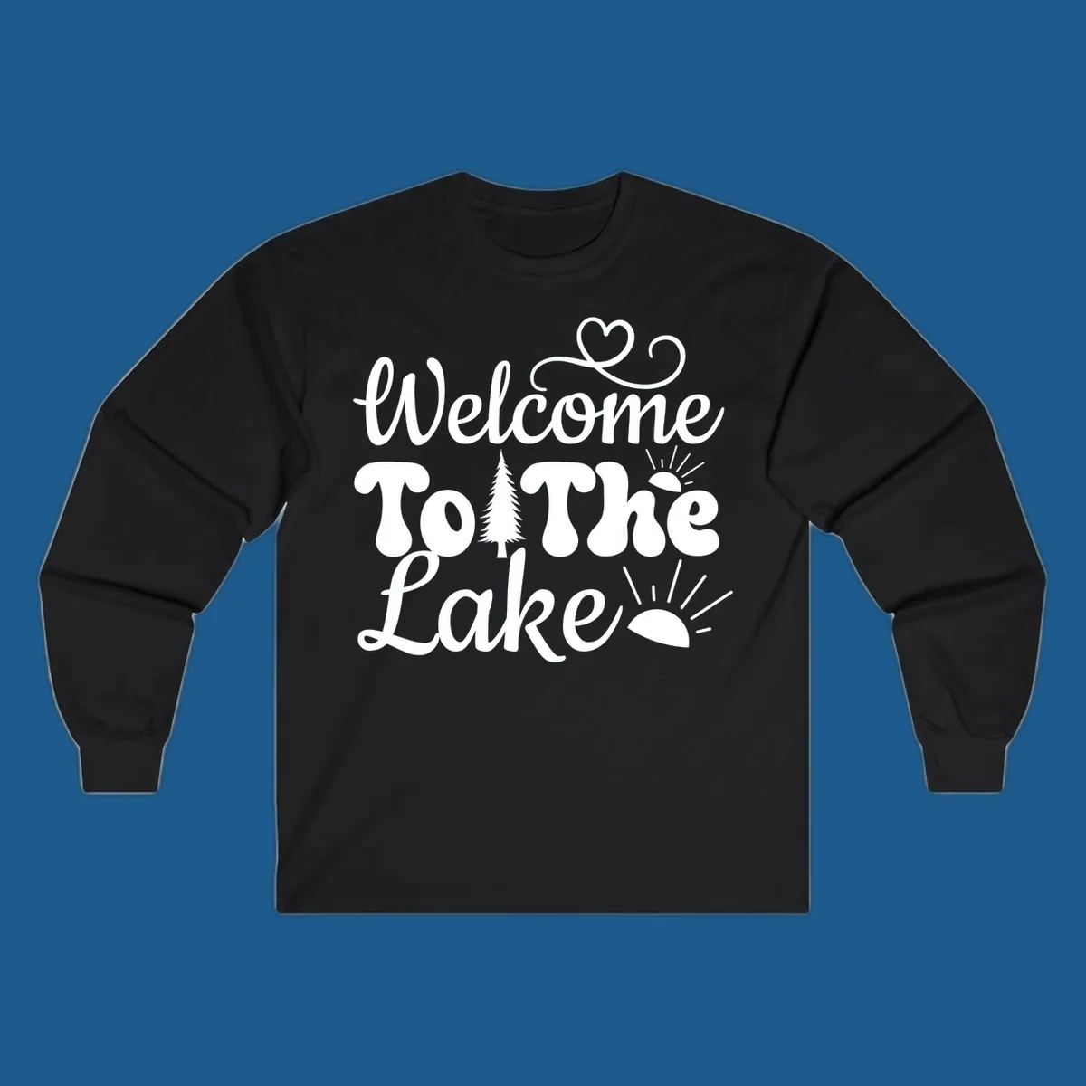 Welcome to the lake typography design with tree and sun graphics.