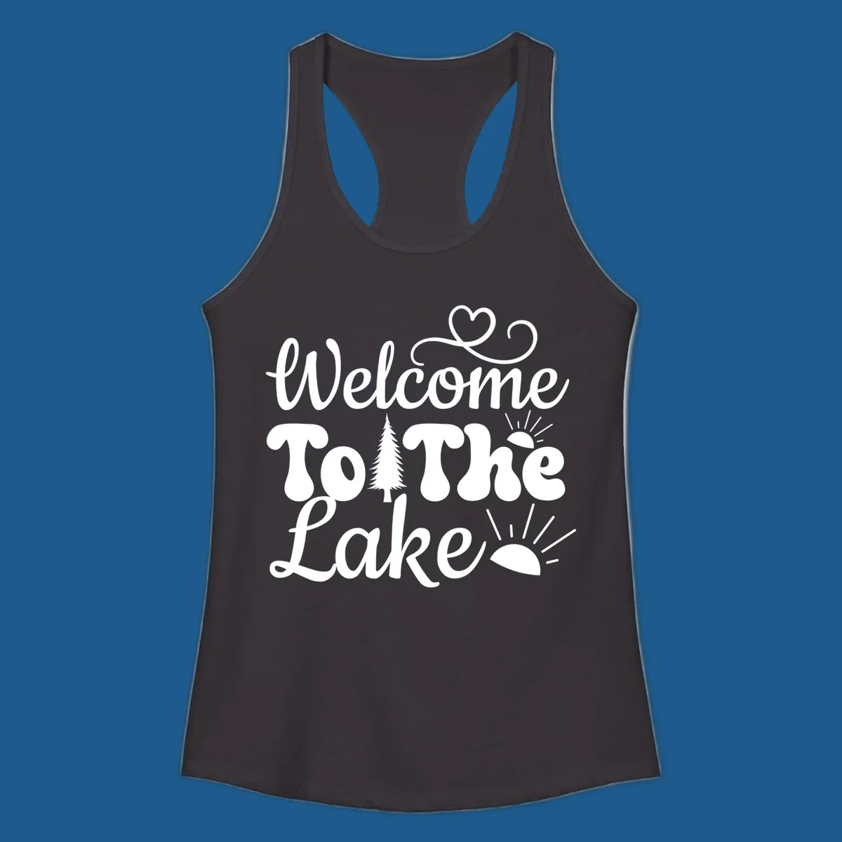 Welcome to the lake typography design with tree and sun graphics.