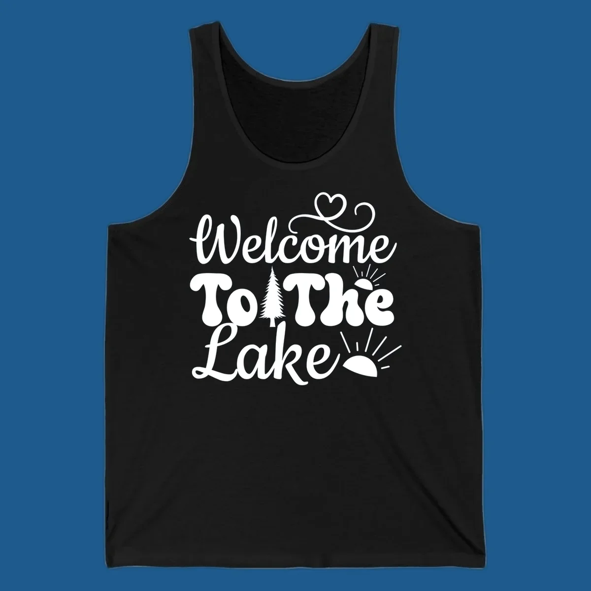 Welcome to the lake typography design with tree and sun graphics.