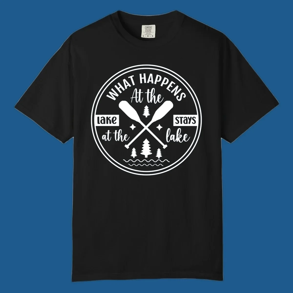 Lake life quote design with paddles and trees.